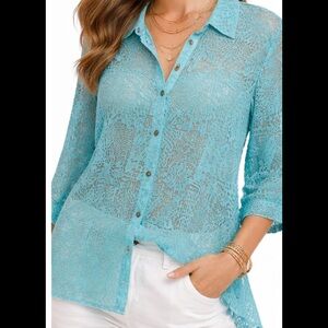 White Stag Aqua Boho Sheer Button Down